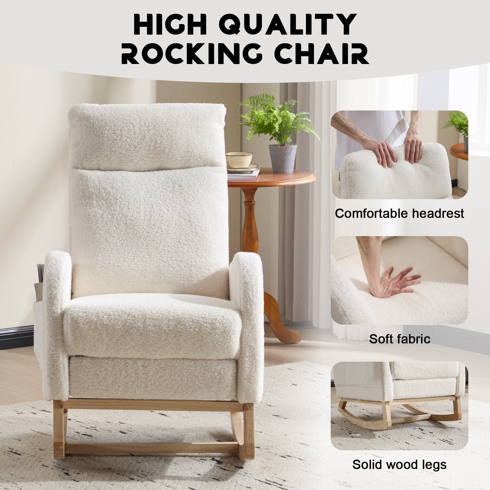 Modern Accent Rocking Chair Rocking Chair With Solid Wood Legs, Upholstered Nursery Glider Rocker, Comfy Armchair With Side Pocket, Living Room Lounge Arm Chair With High Backrest (White,teddy)_voghion.com